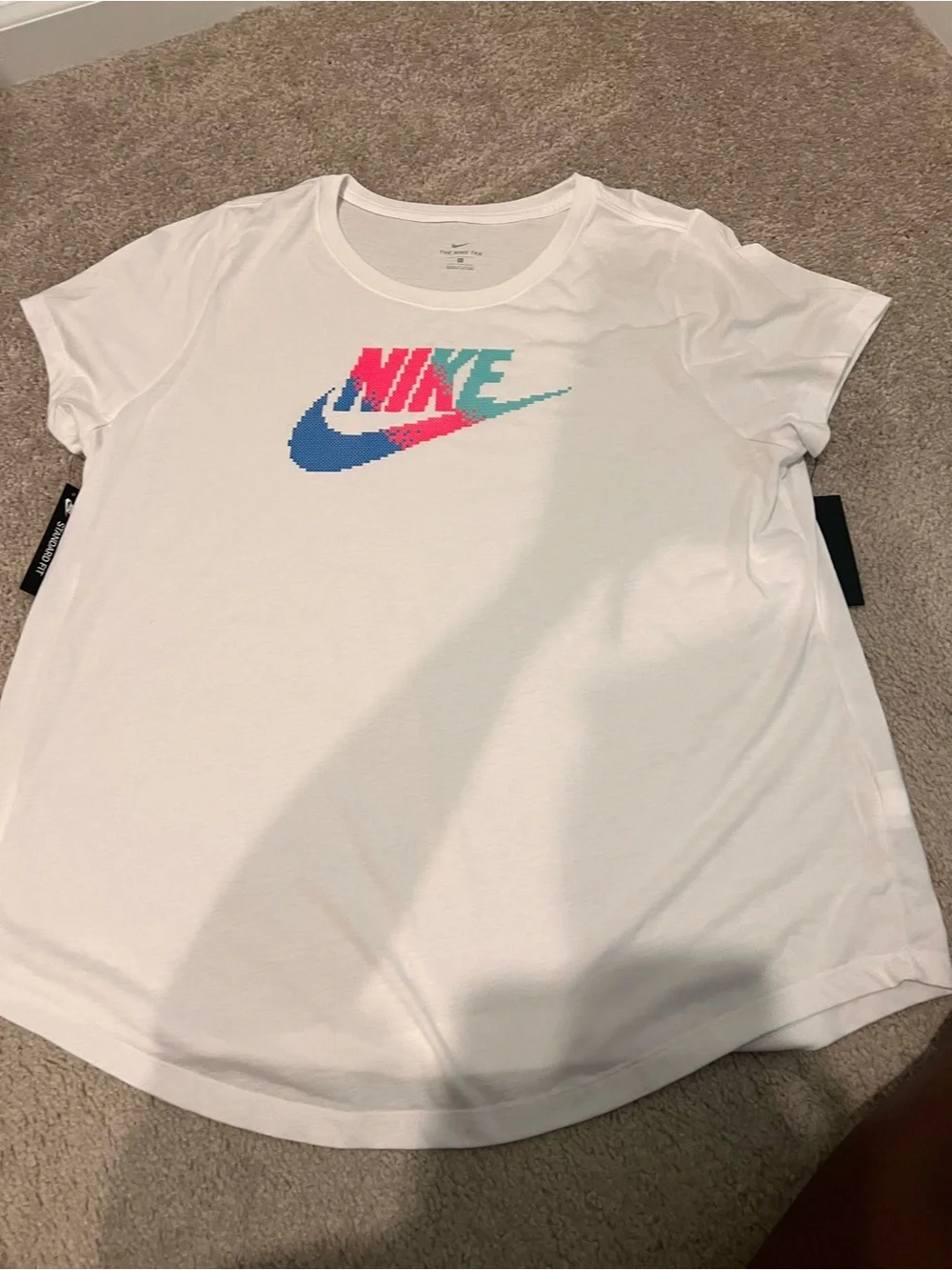 Nike White Short Sleeve Tee with Pink & Teal Pixel Graphic